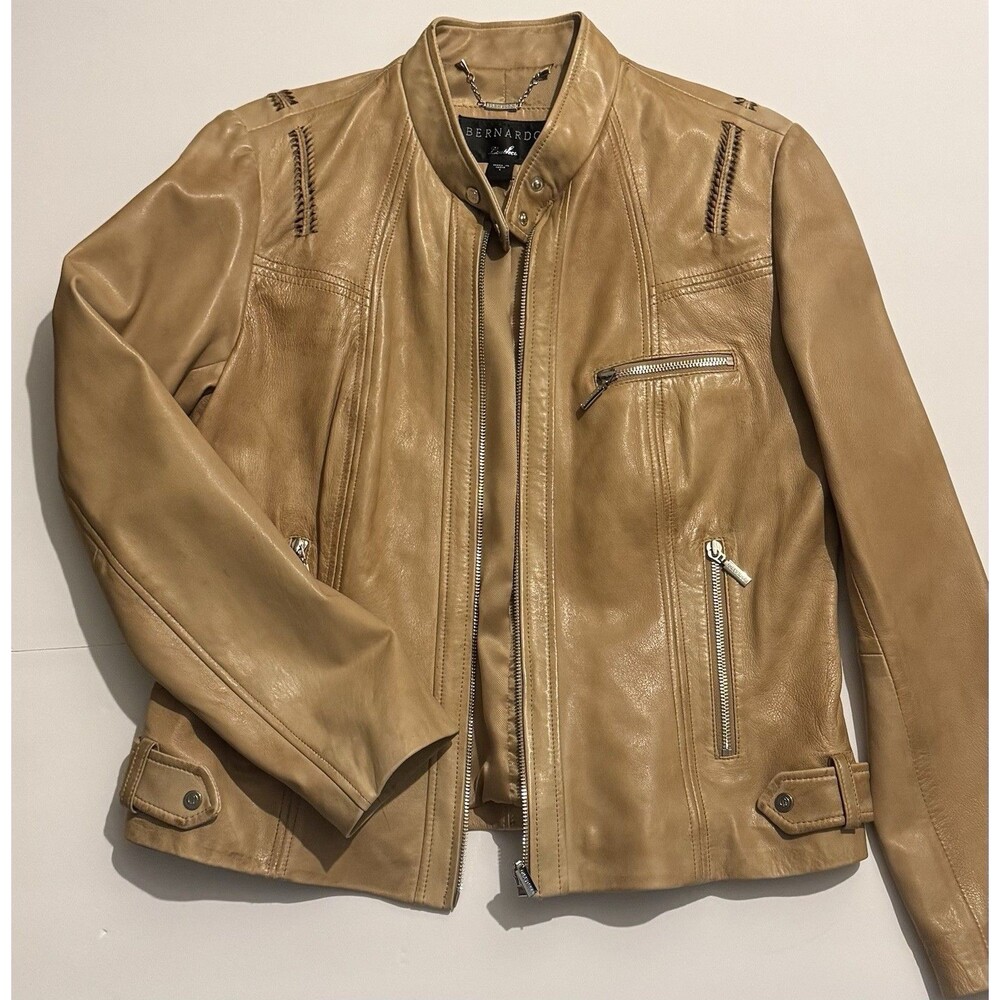 Bernardo Genuine Leather Beige Jacket Women L Full Zip Buckle Stitching